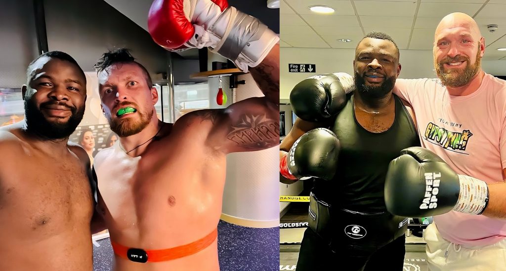 Martin Bakole kennt die beiden Weltmeister im Schwergewicht, Oleksandr Usyk (2. v.r.) und Tyson Fury (r.) aus dem gemeinsamen Sparring. Die Siegchancen der beiden am 17. Februar bewertet Bakole mit 50/50. (Foto: Instagram/@martin_bakole_)