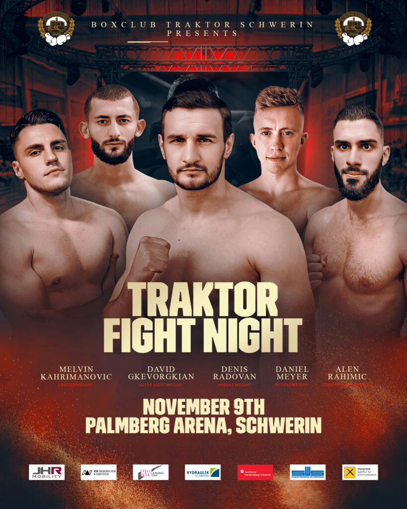 Im Schatten von Europameister Denis Radovan geben MelvinKahrimanovic, David Gkevorgkian, Daniel Meyer und Alen Rahimic bei der TRAKTOR Fight Night ihr Profi-Debüt.